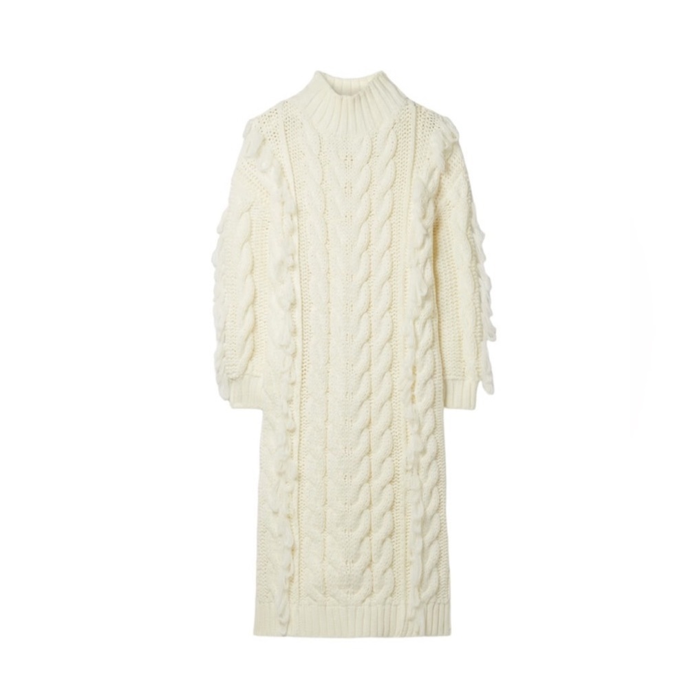 Farm Rio Fringed Cable Knit Midi Sweater Dress Off White Size Medium NWT - Picture 5 of 7